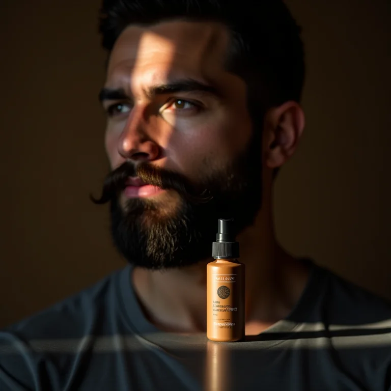 Frasco de condicionador para barba ao lado de barba bem cuidada.