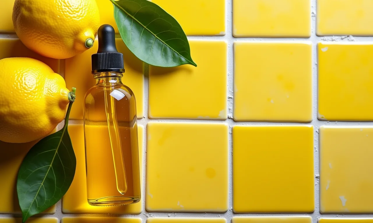 Frasco de óleo essencial de limão siciliano ao lado de limões frescos.