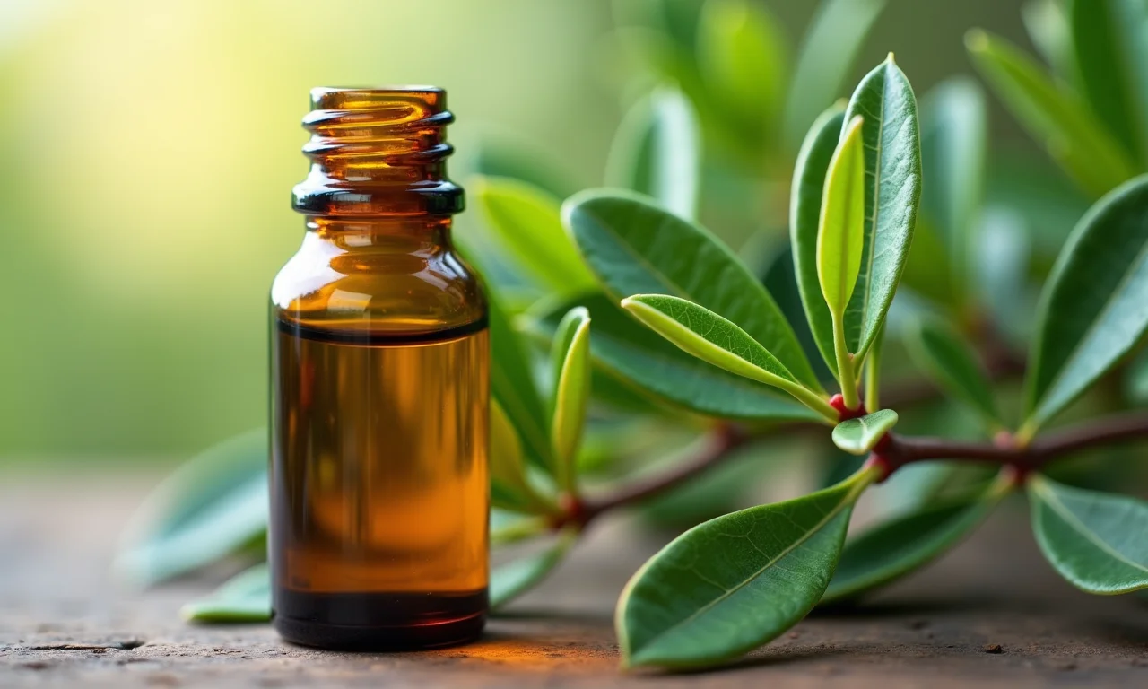 Frasco de óleo essencial de melaleuca (tea tree) com folhas frescas.