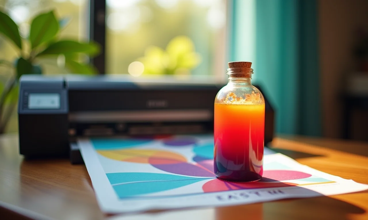 Frasco de tinta sublimática colorida próximo a impressora.