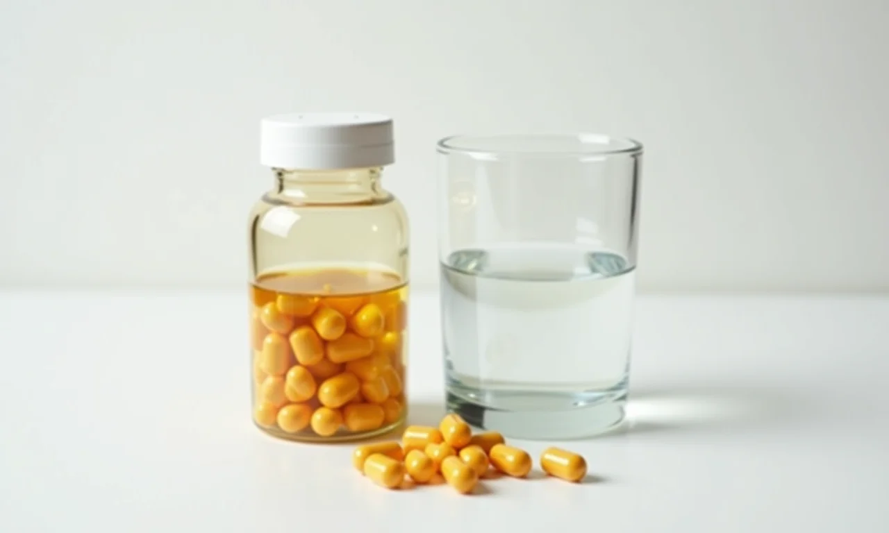 Frasco de vitaminas e copo de água.