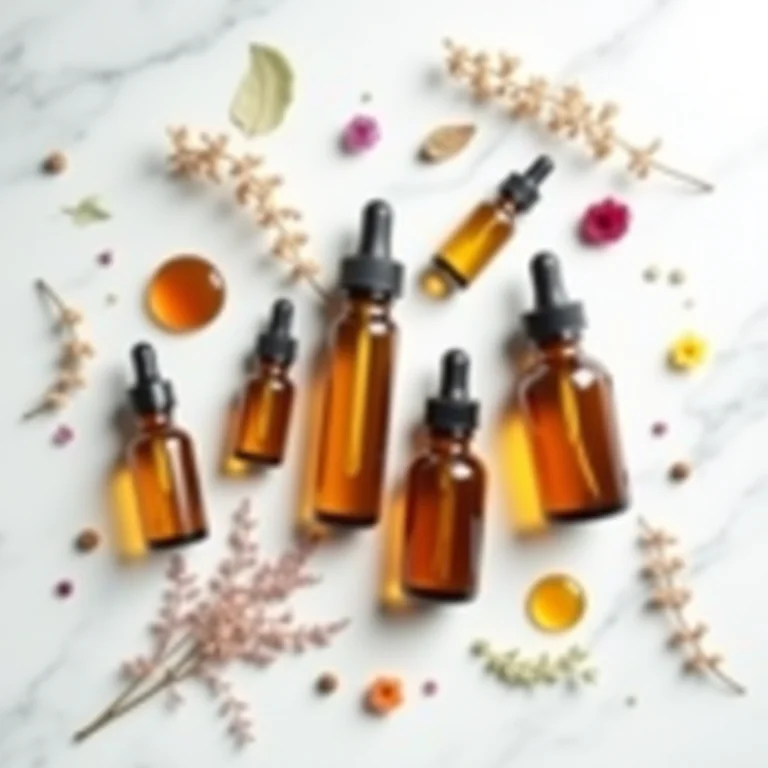 Frascos de óleos vegetais para cabelo em fundo de mármore