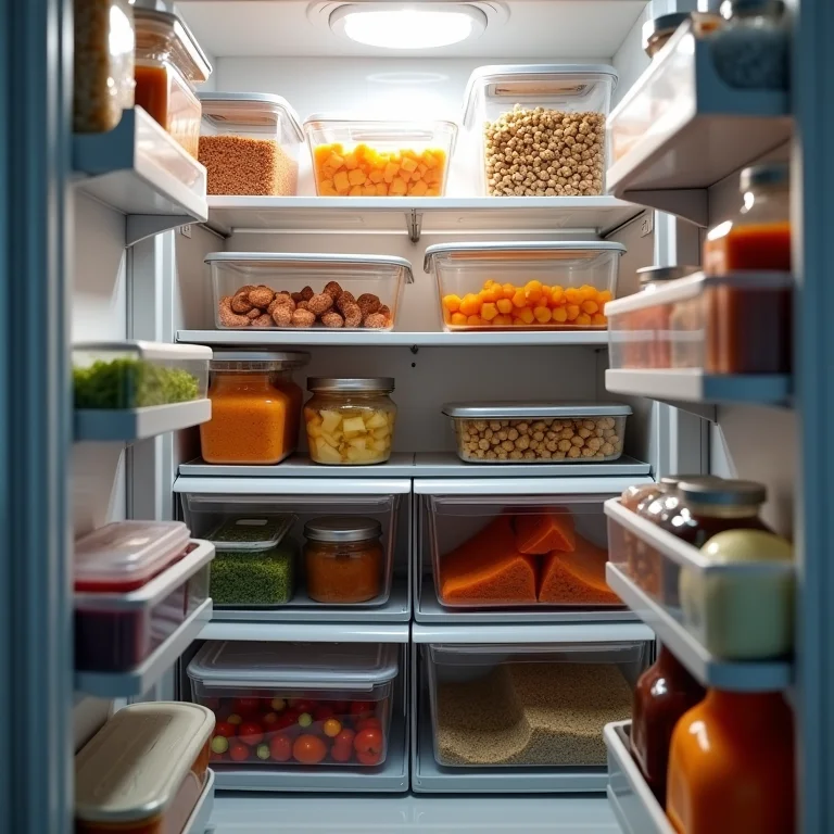 Freezer organizado com potes de alimentos congelados