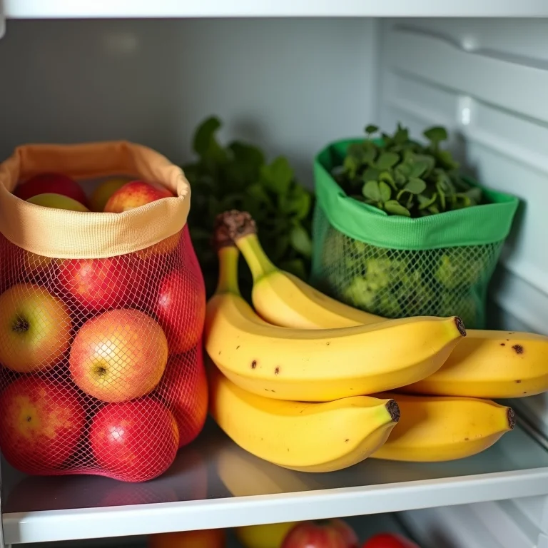 Frutas e verduras em saquinhos de tecido na geladeira.