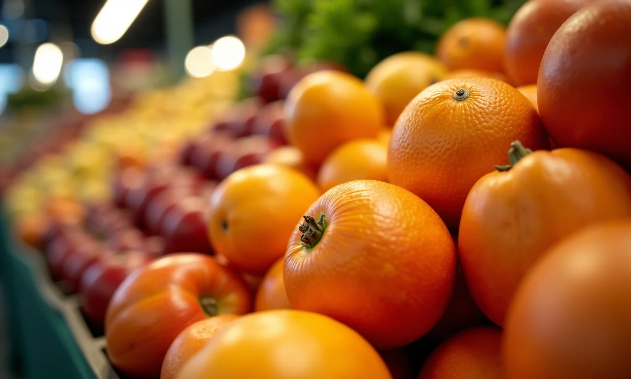 Frutas orgânicas da estação em exibição em um mercado.