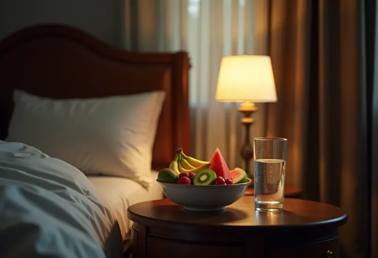 Frutas para um sono perfeito dispostas em uma mesa de cabeceira em um quarto com iluminação suave.