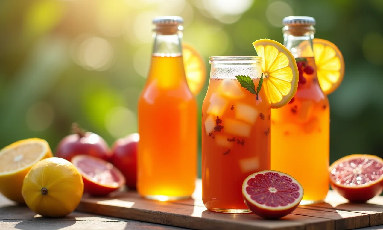 Garrafas de kombucha caseira com fatias de frutas coloridas.