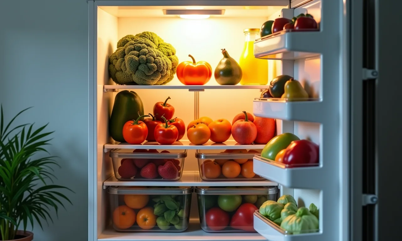 Como Organizar a Geladeira: Dicas Para Otimizar Espaço Geladeira organizada com alimentos frescos e potes coloridos.