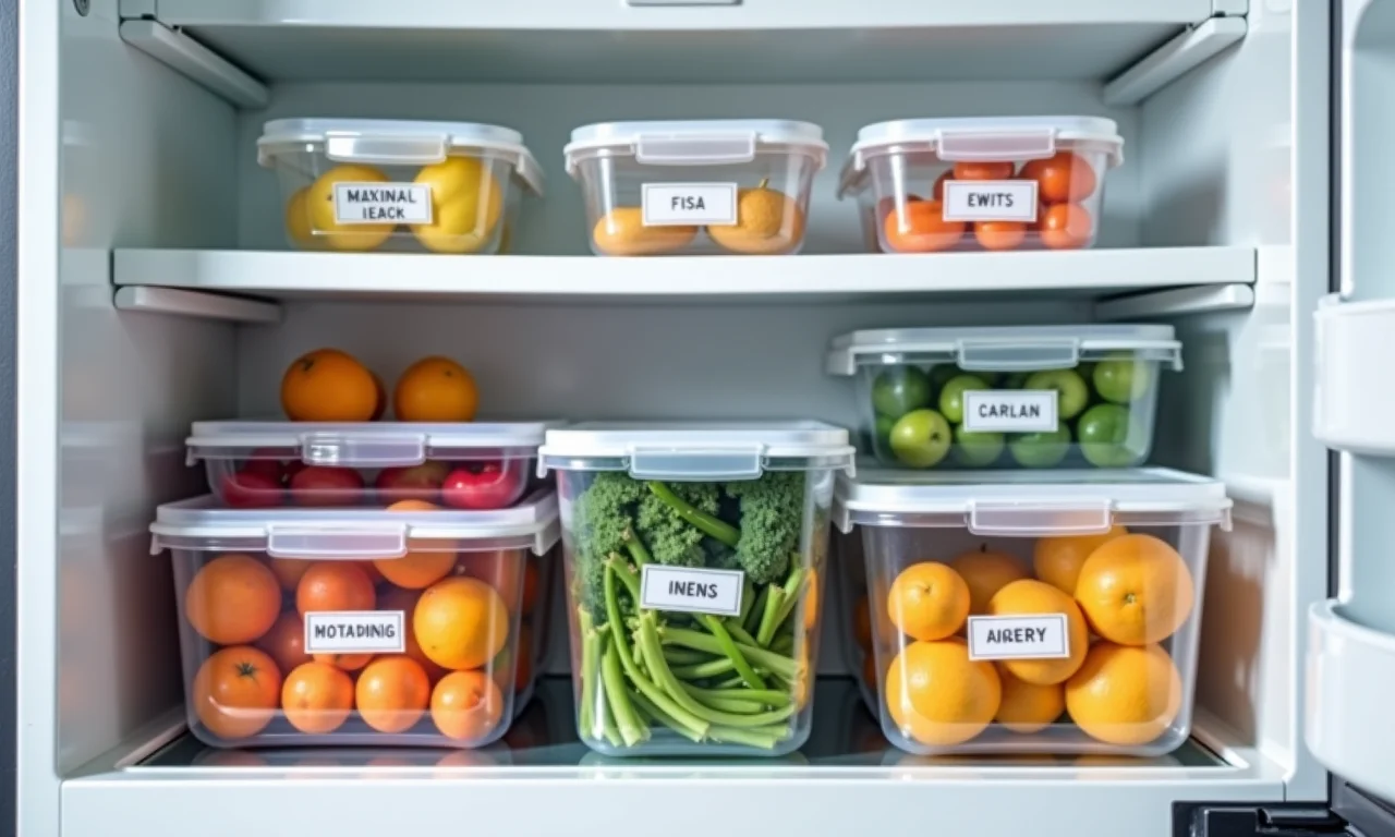 Geladeira organizada por categorias com potes etiquetados.