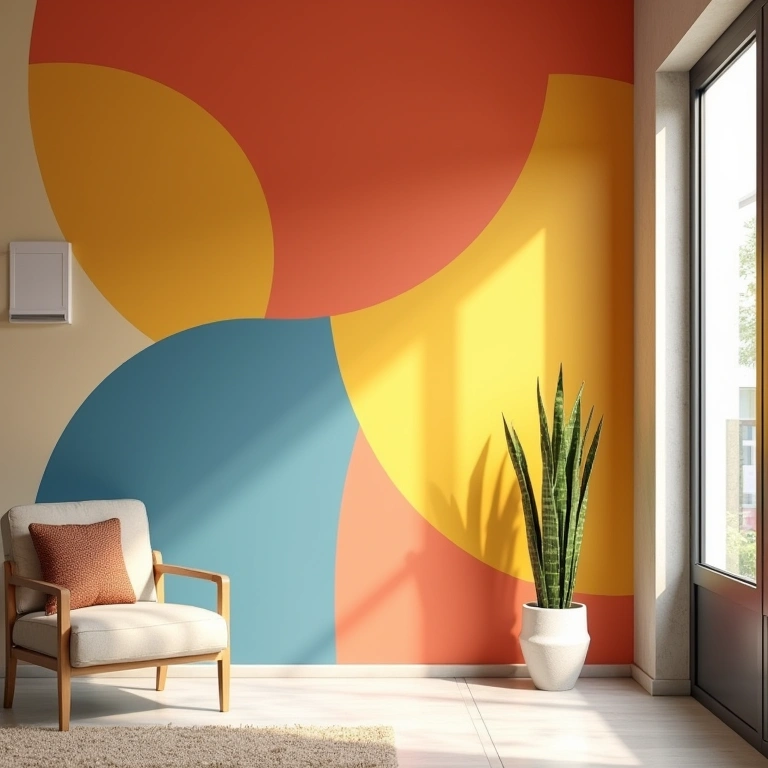 Geometric painted wall, vibrant colors, Brazilian home, natural light, minimalist decor, lifestyle Muro com pintura geométrica colorida em casa brasileira.