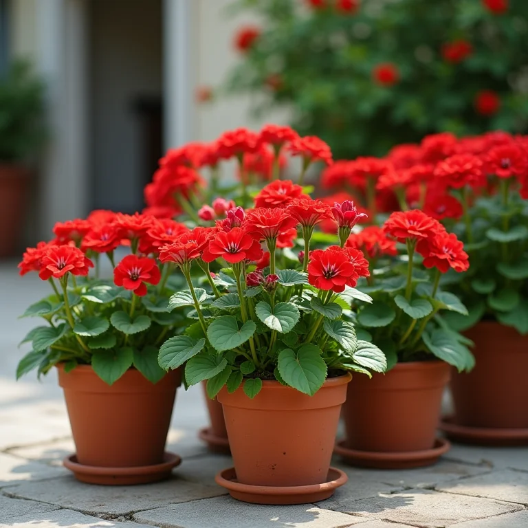 Gerânios coloridos em vasos de terracota