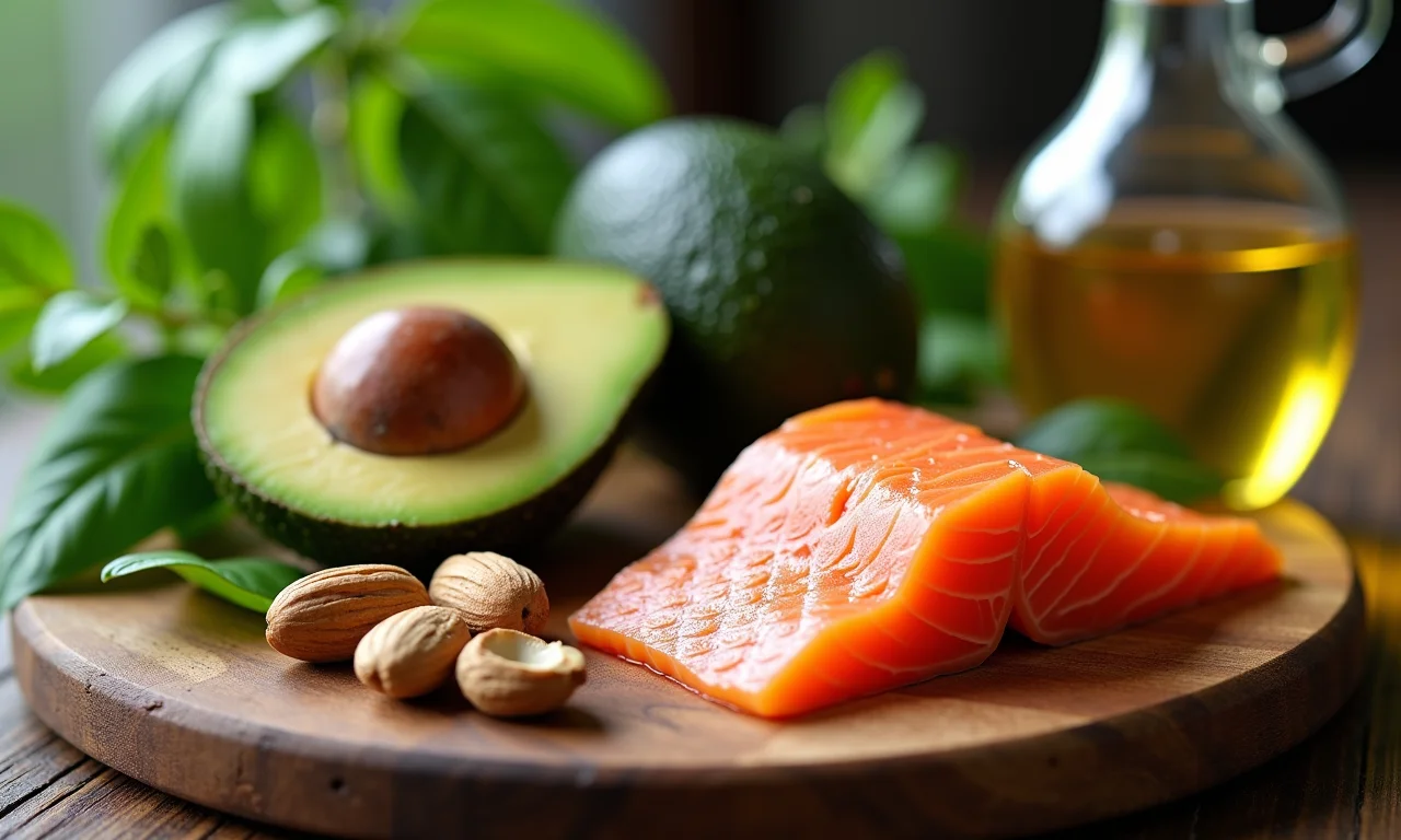 Gorduras saudáveis: abacate, nozes e salmão para a saúde hormonal do atleta.