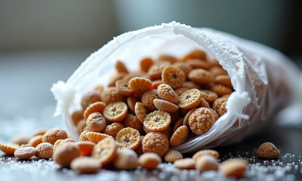 Granola congelada em um saco plástico.