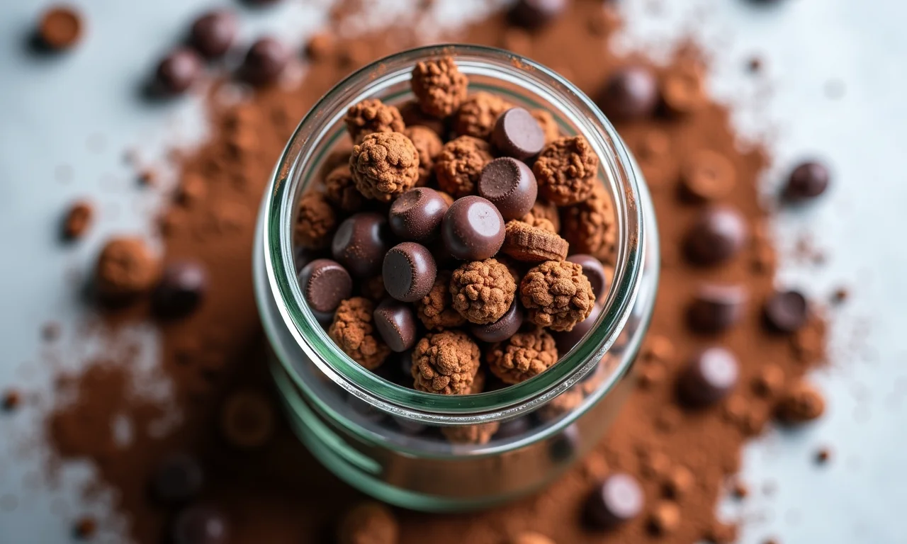 Granola de chocolate caseira em pote de vidro.