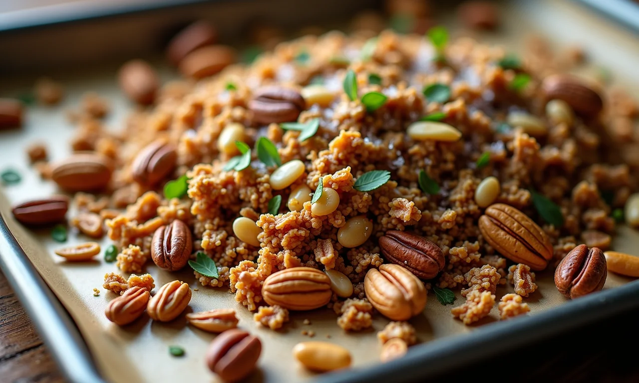 Granola salgada com nozes, sementes e ervas.