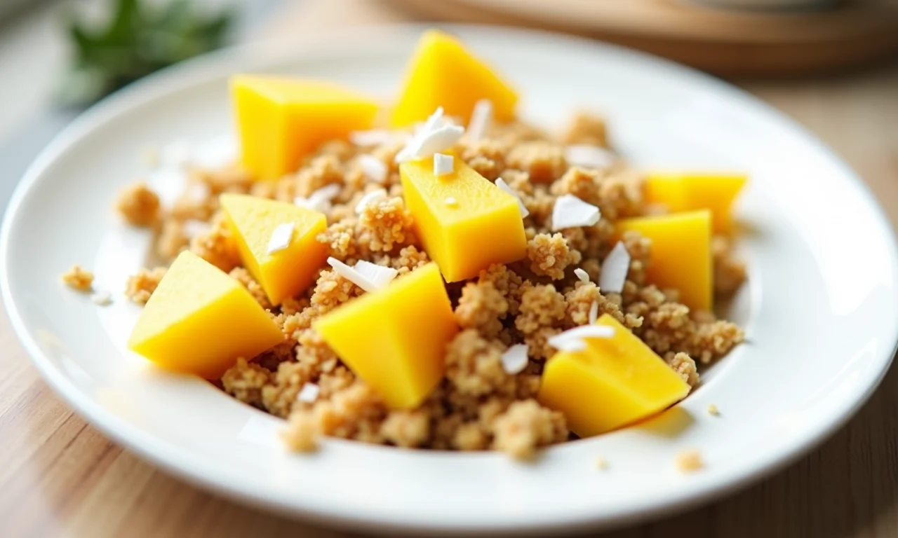Granola tropical com manga, abacaxi e coco.