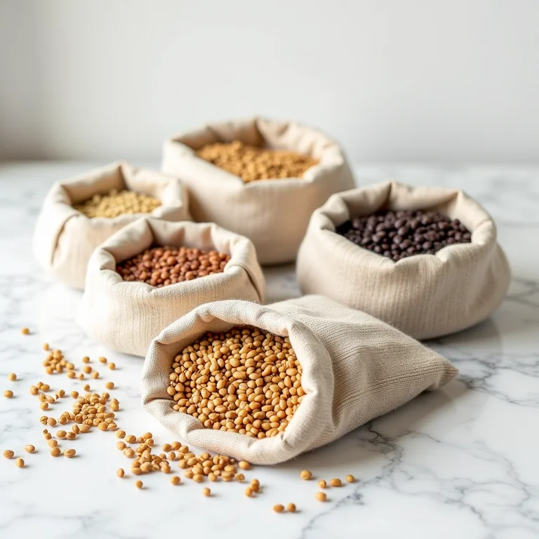 Grãos e sementes em saquinhos de tecido.