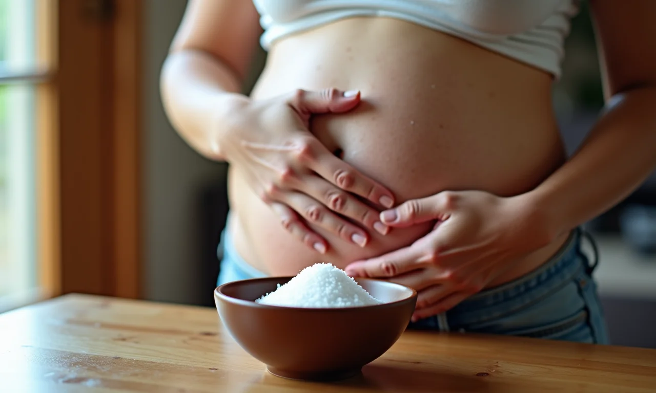 Grávida perto de um recipiente com sal grosso.