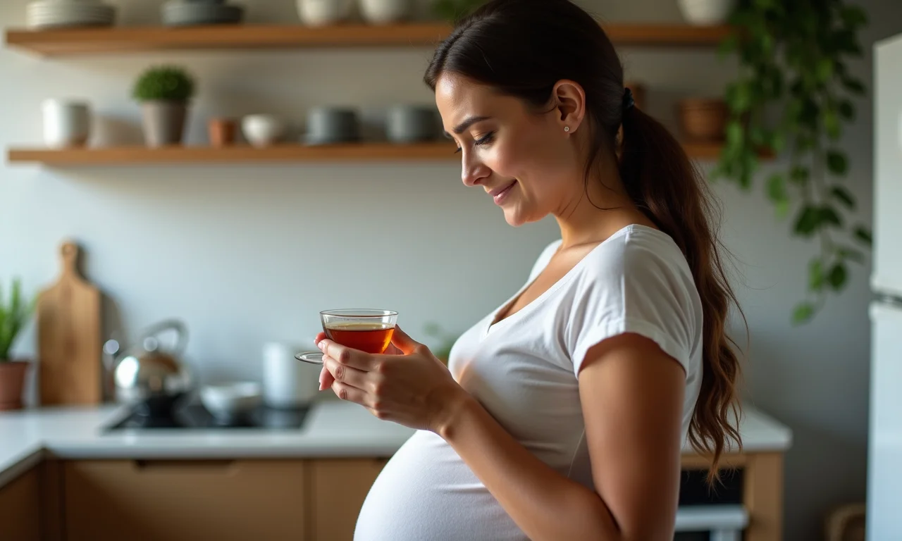 Grávida pode tomar chá de camomila? Mulher grávida pensativa.