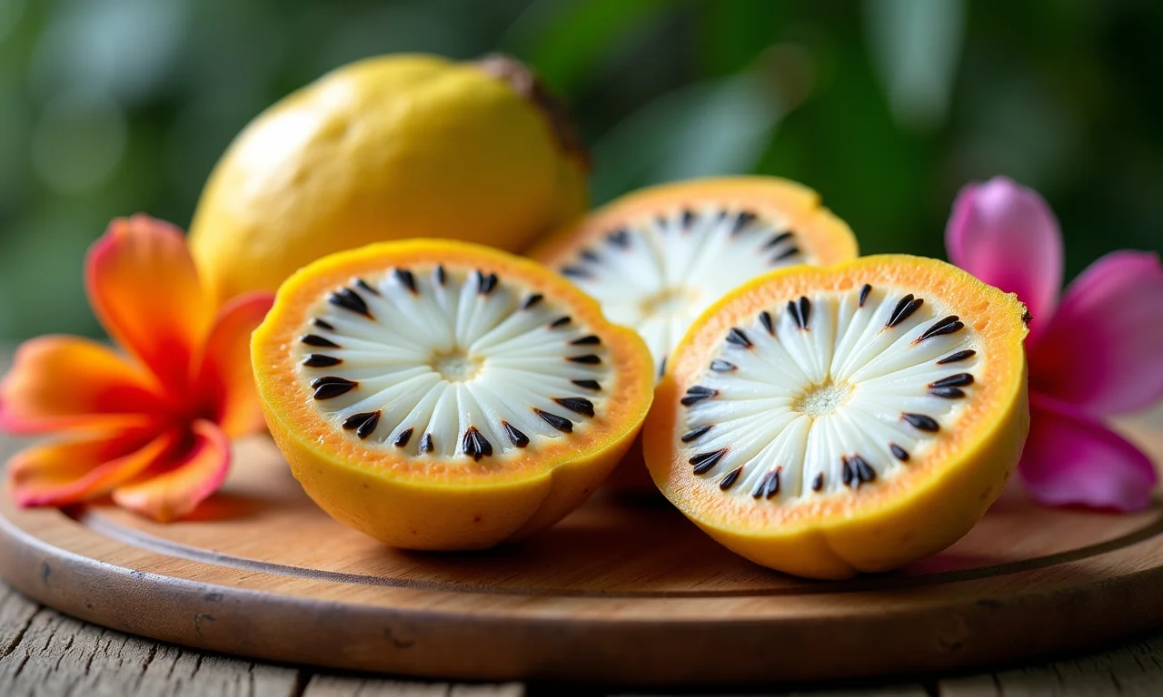 Graviola cortada mostrando sua polpa cremosa.