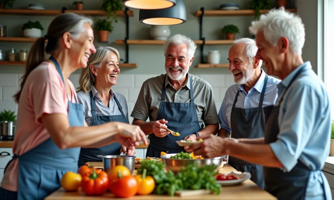 Grupo de amigos aposentados cozinhando juntos em uma cozinha moderna.
