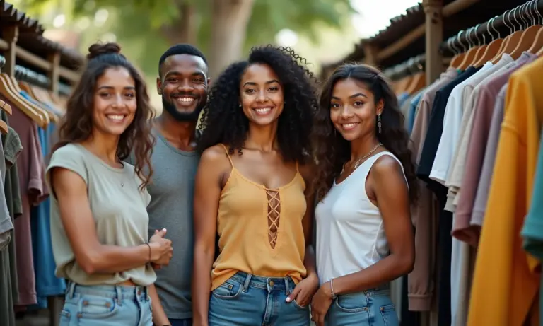 Grupo de amigos diversos comprando roupas sustentáveis em um mercado brasileiro vibrante.