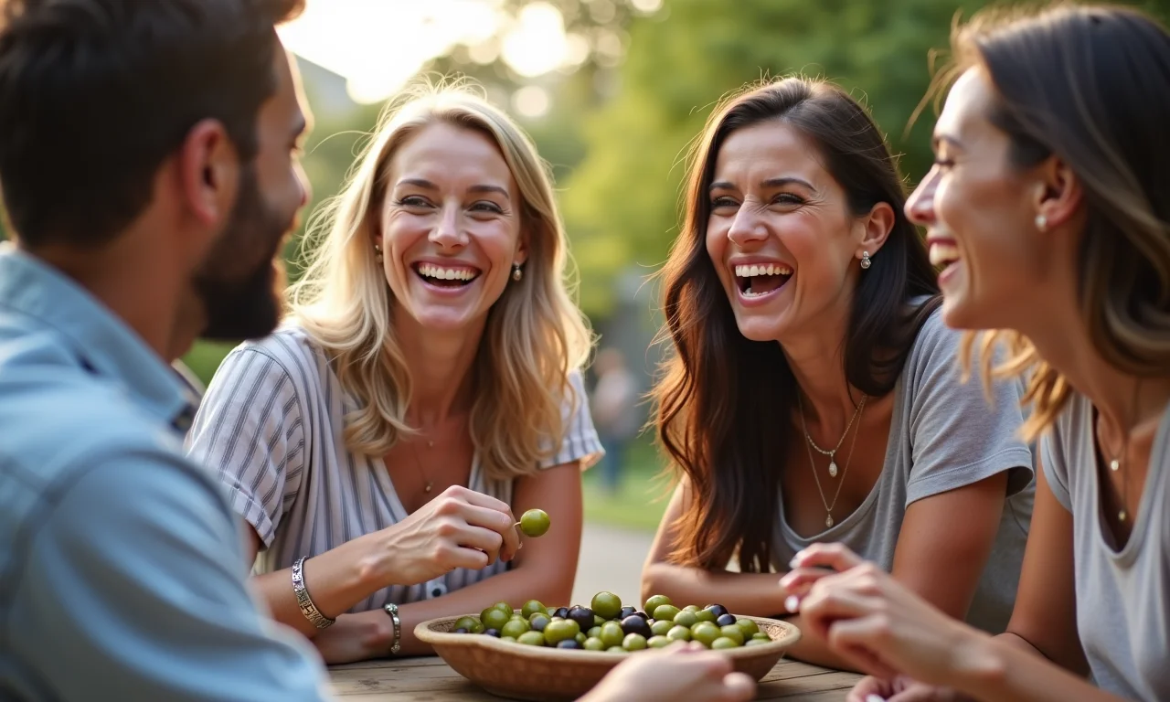 Grupo de amigos rindo juntos ao ar livre comendo azeitonas.