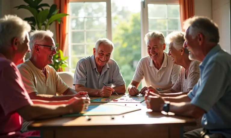 Grupo de aposentados desfrutando de hobbies diversos em ambiente aconchegante.