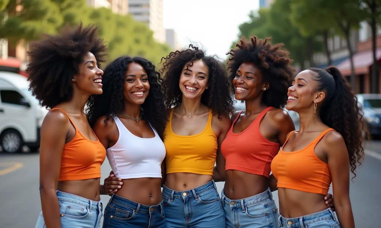 Grupo de mulheres brasileiras estilosas posando com top cropped.