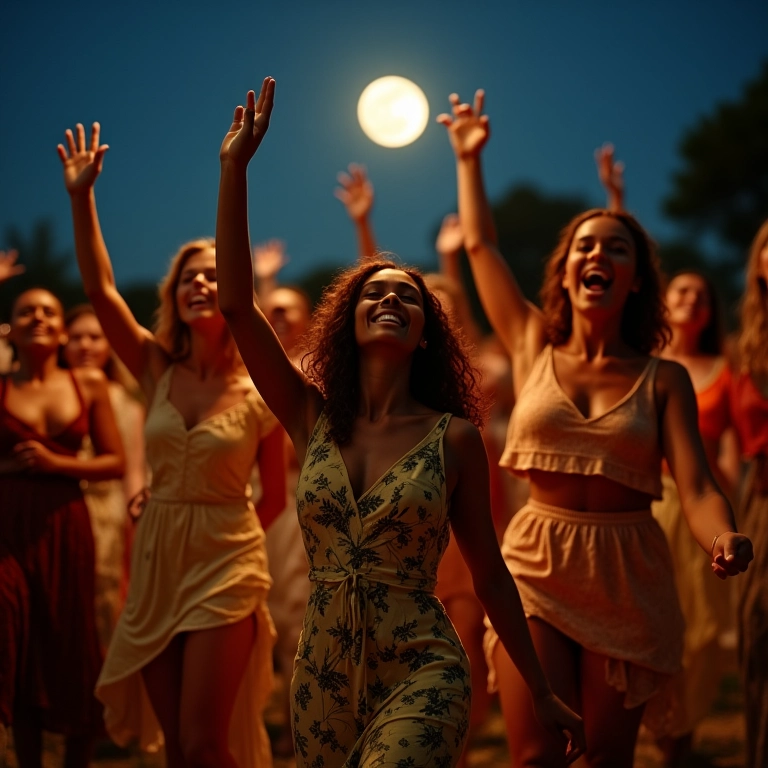 Grupo de mulheres celebrando a Lua Nova com dança e alegria.