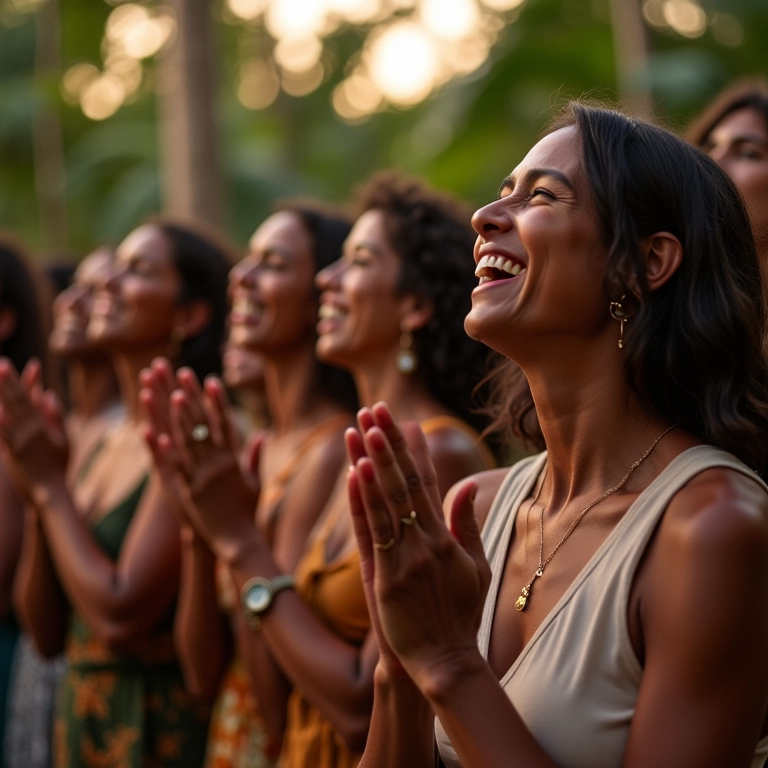Grupo de mulheres expressando gratidão durante ritual de Lua Nova.