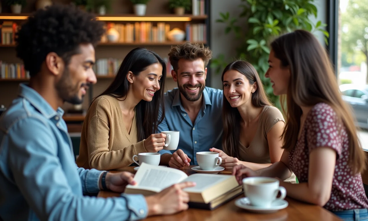 Grupo de pessoas em clube de leitura em um café.