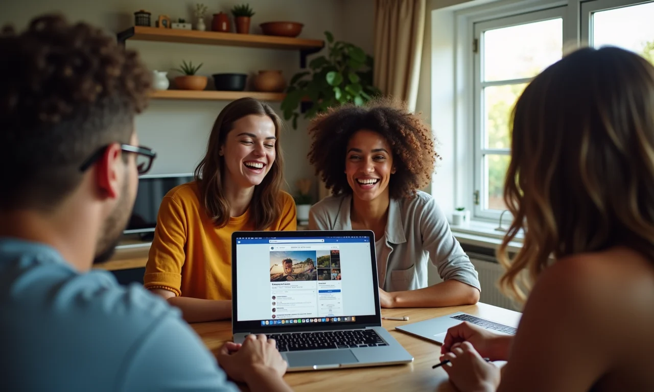 Grupo de pessoas interagindo com um post do Facebook em um ambiente acolhedor.