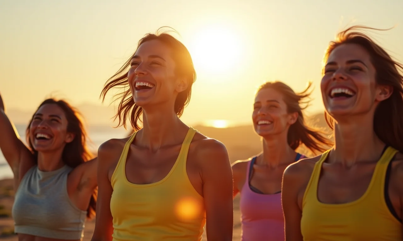 Grupo diversificado se exercitando ao ar livre sob o sol, simbolizando um sistema imunológico forte e saudável.