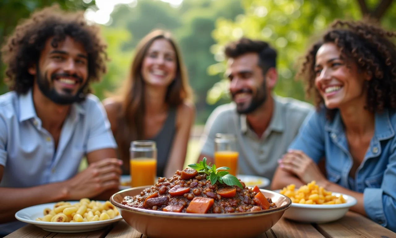 Grupo diverso apreciando feijoada brasileira ao ar livre.