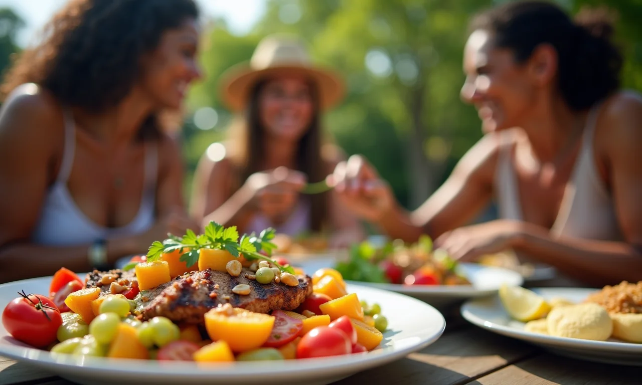 Proteínas: A base para uma vida ativa Grupo diverso apreciando refeição rica em proteínas ao ar livre.