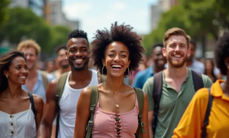 Grupo diverso caminhando sorrindo em cidade brasileira, celebrando inclusão.