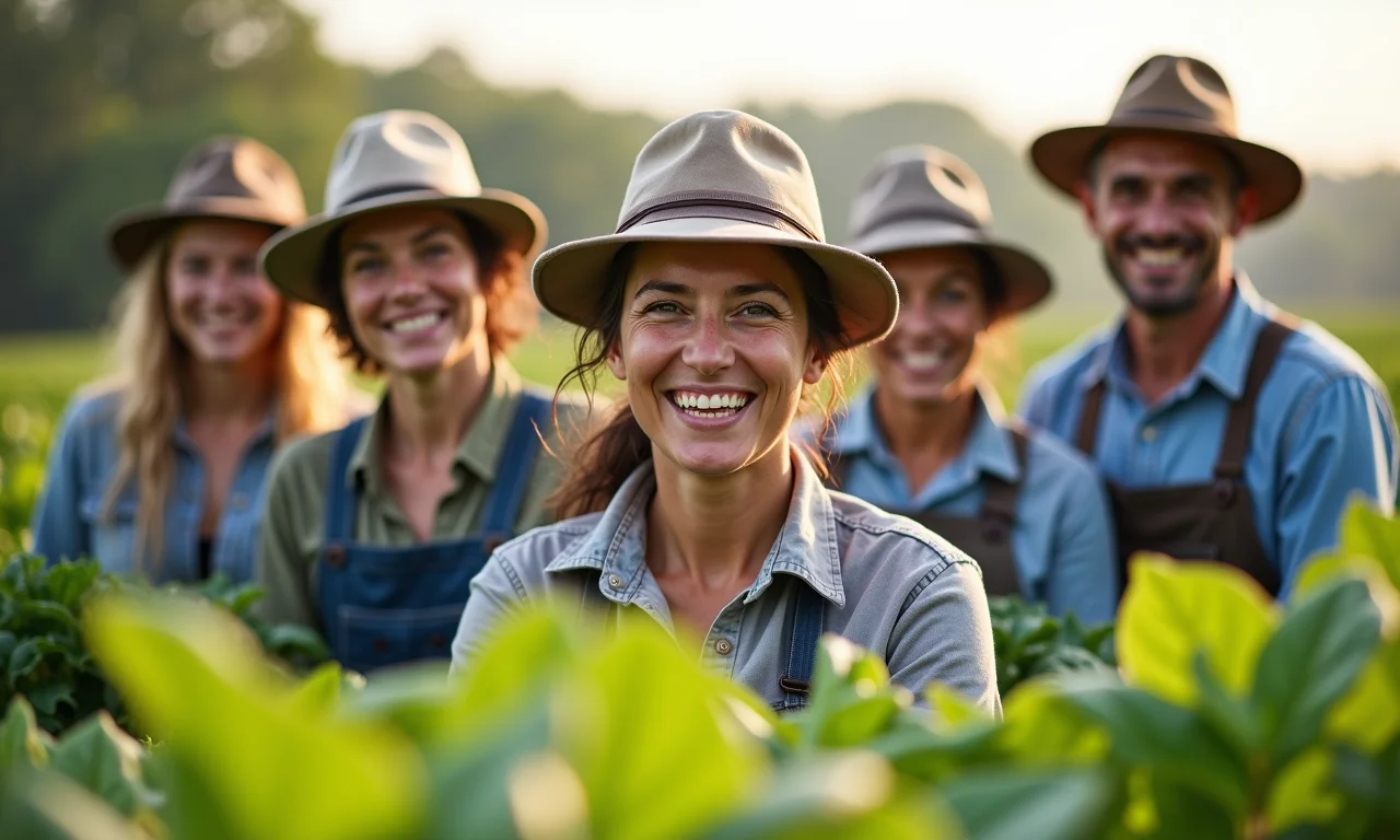 Grupo diverso de agricultores sorrindo em uma fazenda orgânica.