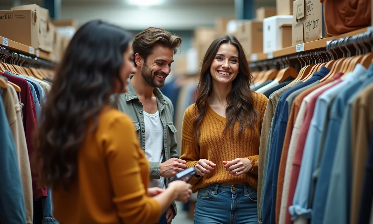 Grupo diverso de amigos procurando em um brechó bem organizado.