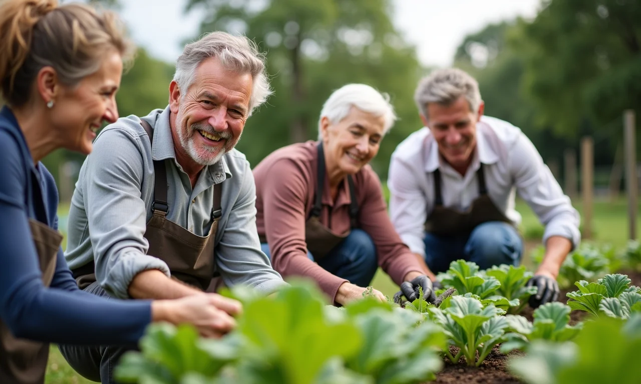 Grupo diverso de aposentados voluntários trabalhando em uma horta comunitária.