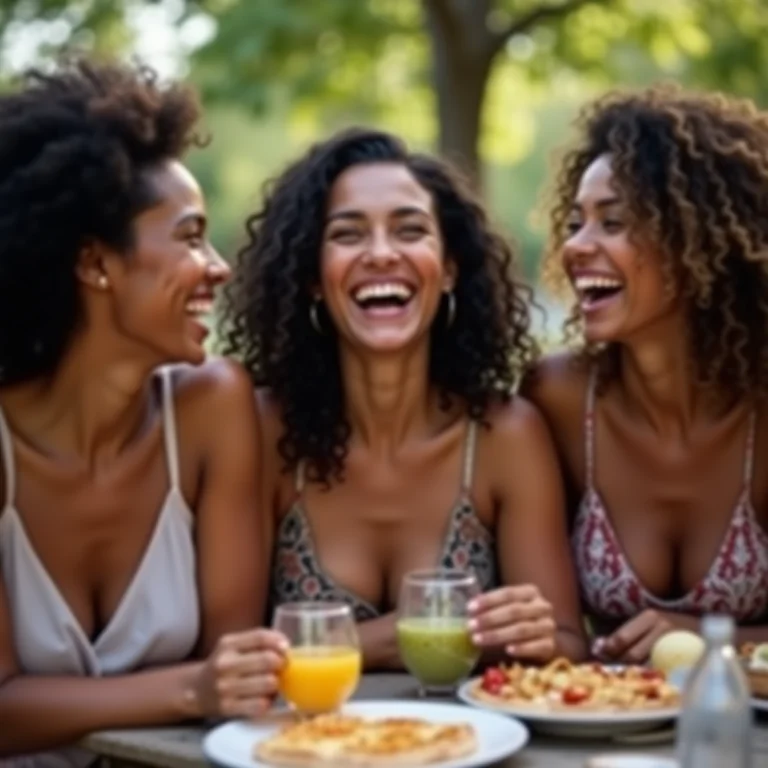 Grupo diverso de mulheres rindo juntas em um piquenique, fortalecendo laços sociais