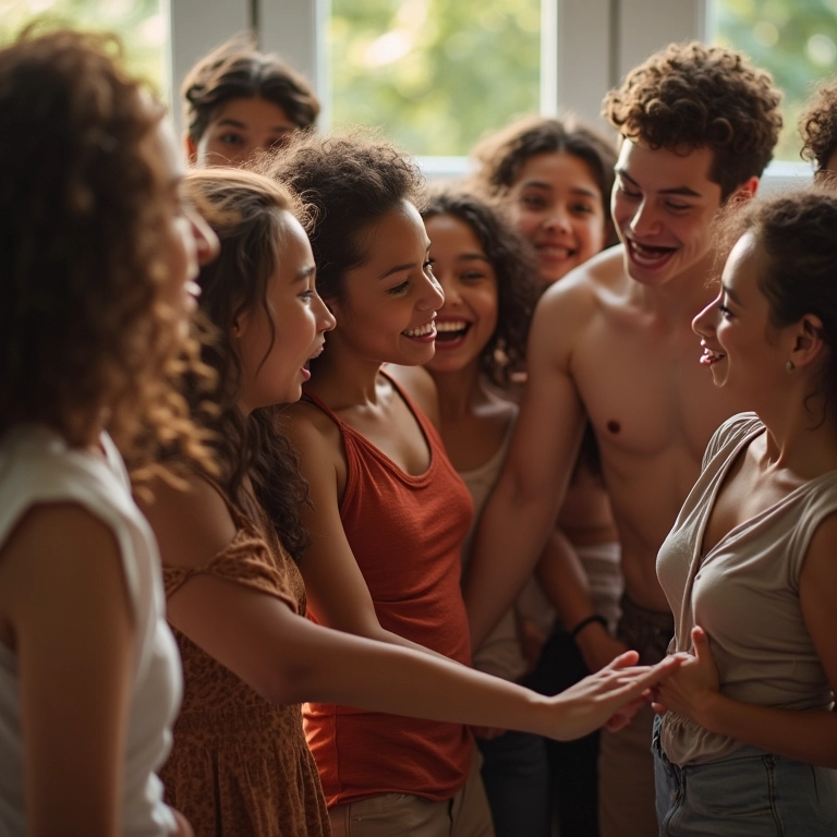 Grupo diverso de pessoas dançando em círculo, demonstrando inclusão e alegria.
