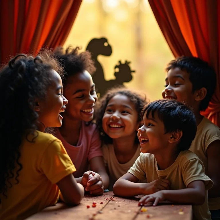 Grupo diverso de pessoas desfrutando juntas de um teatro de sombras.