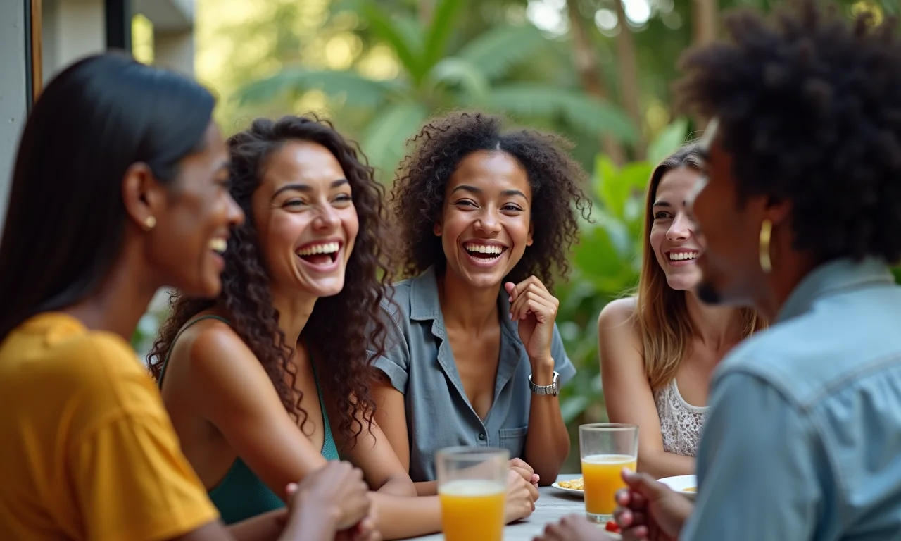 Como Puxar Assunto e Manter Conversas Interessantes Grupo diverso de pessoas sorrindo e conversando animadamente.
