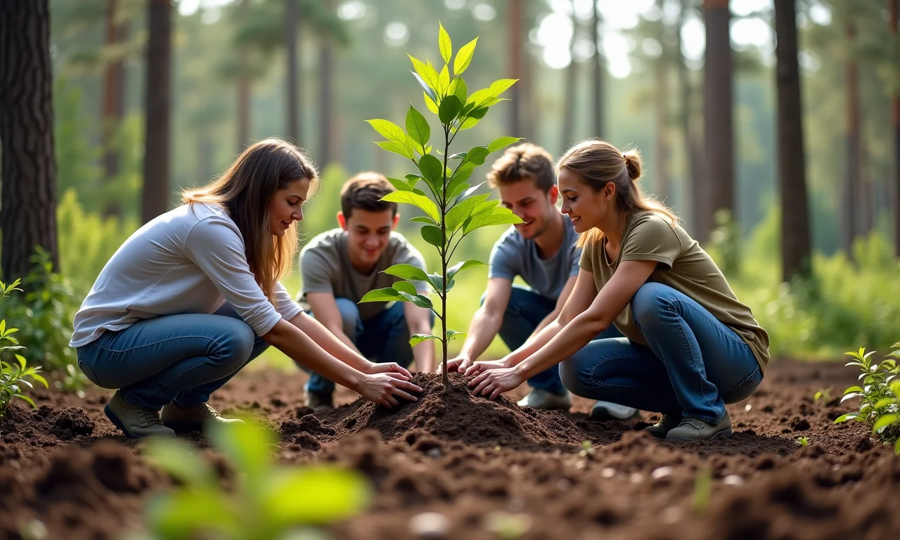 Grupo diverso plantando uma árvore em área desmatada.