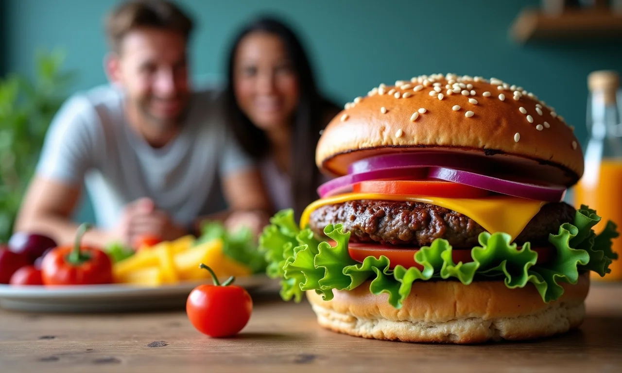 Hambúrguer caseiro com pão integral e ingredientes coloridos.