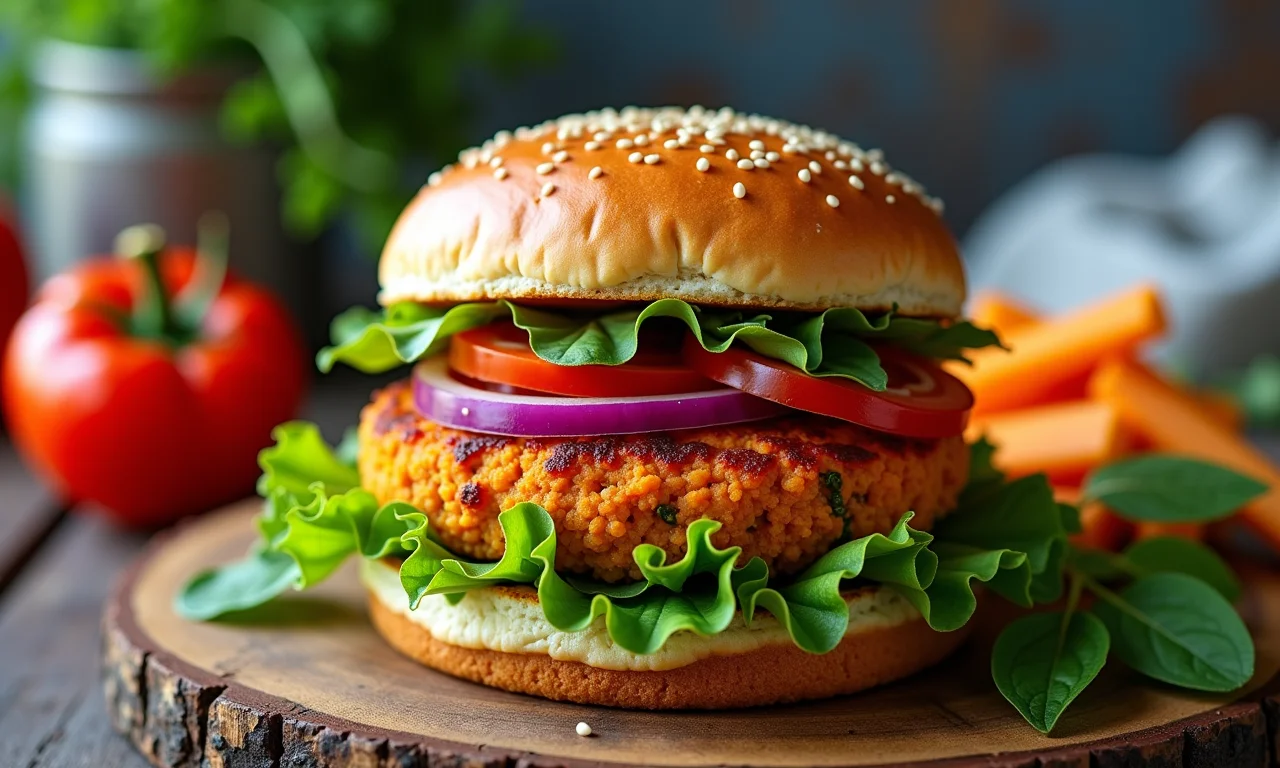 Hambúrguer vegano de cenoura e grão de bico no pão.
