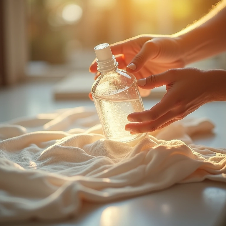 Hands applying white vinegar to a faded garment, sunlight, close-up shot, revitalizing clothes, 8K, Mãos aplicando vinagre branco em roupa desbotada.
