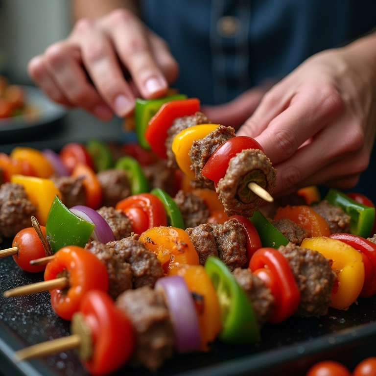 Montando espetinho misto para churrasco