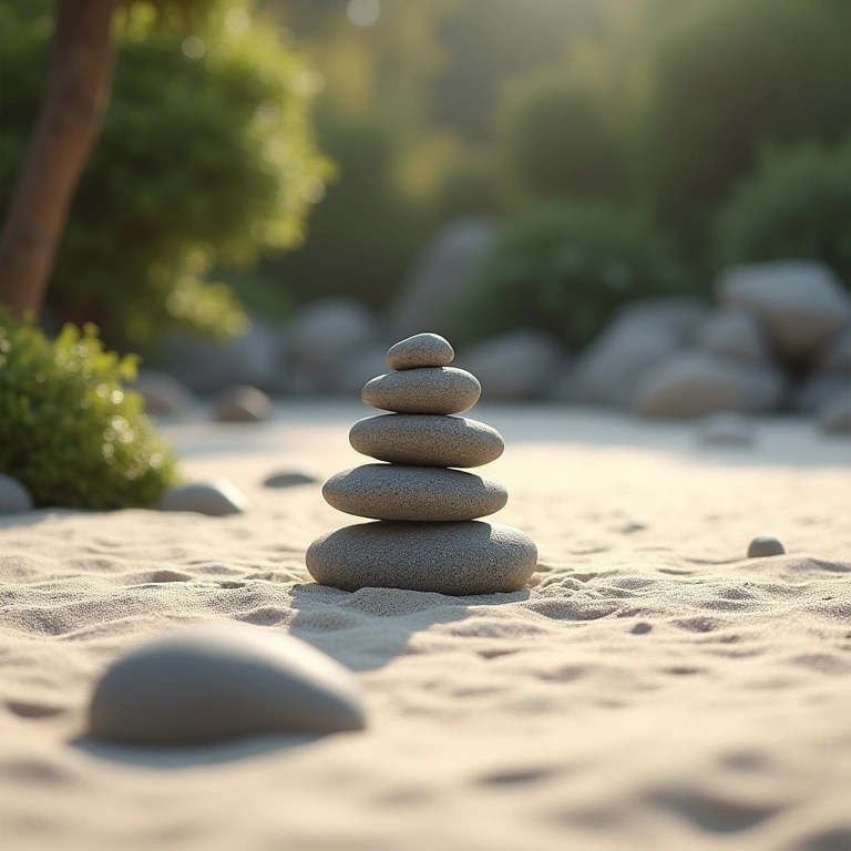 Harmonious zen garden, balanced design, stones, sand, minimalist, natural light, 8K, professional Jardim zen equilibrado com pedras, areia e design minimalista.